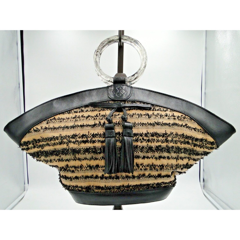 Patricia Nash Mandia Ebbe Woven Straw Leather Trim Large Satchel Lucite Ring Bag - Picture 2 of 8